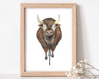 Bison on bicycle art print A4
