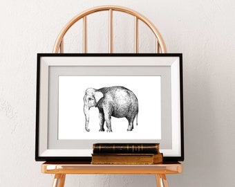 Elephant art print, ink drawing, animal wall art, minimalist animal poster
