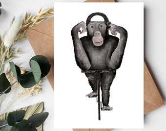 Chimpanzee on Bicycle Postcard, Monkey Watercolor Art Print, Animal on Bicycle Illustration, Gift for Cyclists