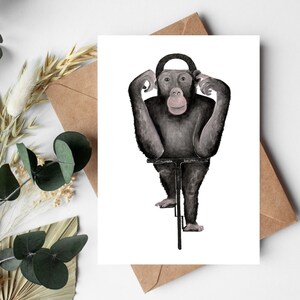 Schimpanse auf Fahrrad Postkarte, Affe Aquarell Kunstdruck, Tier auf Fahrrad Illustration, Geschenk für Radfahrer