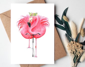 Flamingo auf Fahrrad Postkarte, lustige sommerliche Grußkarte, Geschenk für Fahrradfahrer