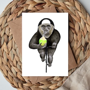 Gorila em cartão postal de bicicleta, impressão de arte em aquarela de macaco, ilustração de animal em bicicleta, presente para ciclista