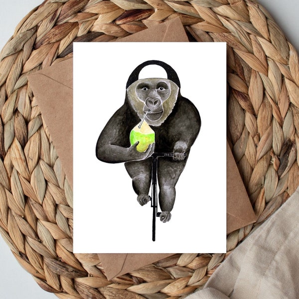 Gorilla auf Fahrrad Postkarte, Affe Aquarell Kunstdruck, Tier auf Fahrrad Illustration, Geschenk für Radfahrer
