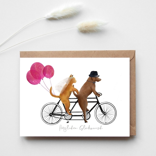 Fahrrad Hochzeitskarte, Tandem Illustration, Herzlichen Glückwunsch Karte