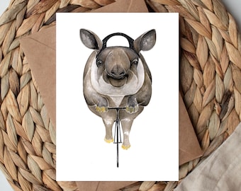 Pocztówka z tapirem na rowerze, karta z nadrukiem akwarelowym, ilustracja zwierzęcia na rowerze, prezent dla rowerzysty