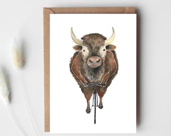 Bison on bicycle postcard, watercolor art print card, animal on bicycle illustration, gift for cyclists