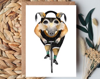 Maiale del fiume rosso sulla cartolina della bici, stampa artistica dell'illustrazione del maiale, animale sulla carta della bici, regalo per il ciclista