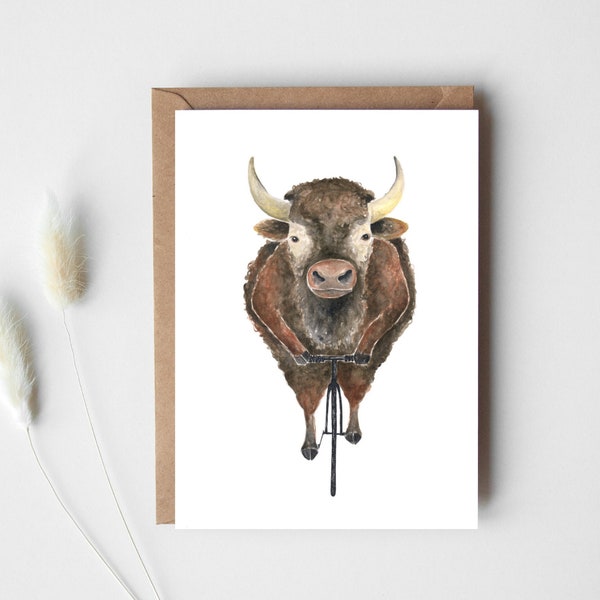 Bison on Bicycle Postcard, Watercolor Art Print Card, Animal on Bicycle Illustration, Gift for Cyclists