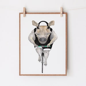 Warthog on bike poster, watercolor art print, animal on bike illustration, gift for cyclist