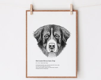Bernese Mountain Dog, Dictionary Art, Definition Print, Dogs Wall Decor
