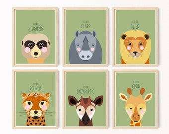Affirmation Posters for Kids, Wall Art Set of 6 or 3: Rhino, Giraffe, Cheetah Lion, Okapi and Meerkat