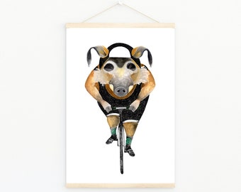 Brush ear pig on bicycle poster, watercolor art print, animal illustration, gift for cyclist