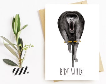 Howler Monkey on Bicycle Card, Affirmation Card, Retirement Card, Graduation Card