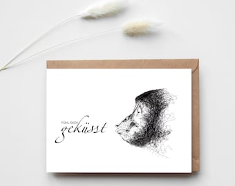 Chimpanzee postcard "Feel kissed", monkey kiss greeting card, quarantine card, long distance relationship postcard, Valentine's Day card