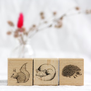 Waldtiere Stempel Set, Holzstempel Igel, Fuchs und Eichhörnchen