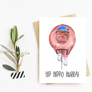 Hippo on Bike Card, Funny Hippo Greeting Card, Illustrated Animal Postcard