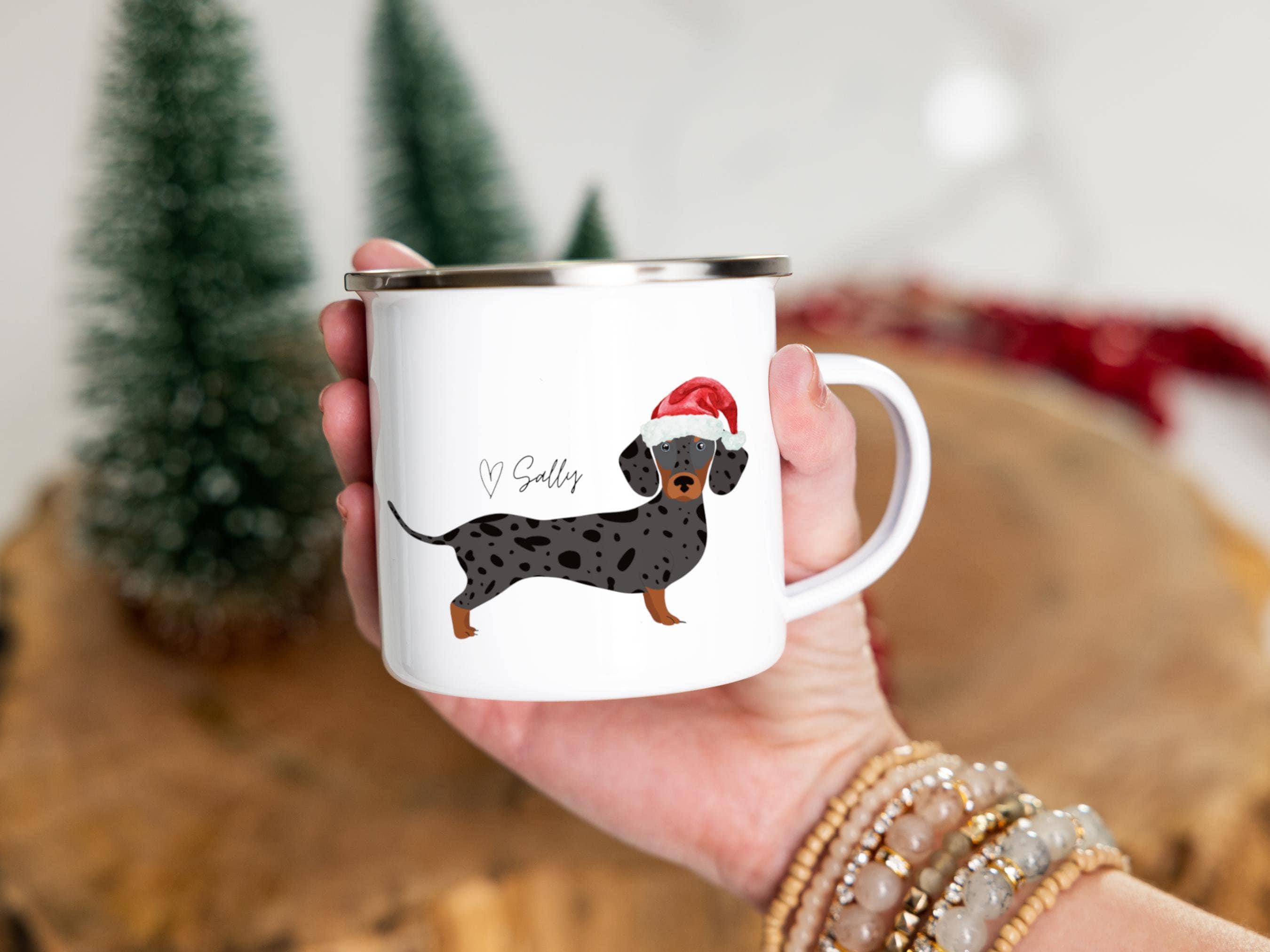 Customizable Dachshund Mug, Personalized Dog Mug, Enamel Christmas Mug, Weiner Dog Gifts