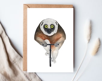 Lemur on Bicycle Postcard, Sifaka Watercolor Art Print, Animal on Bicycle Illustration, Gift for Cyclists