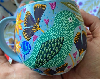 Blue hand painted mug, coffee mug, hug mug, coffee lover, unique mug, tea lover, coffee mug handmade, tea mug, cup gift, bright mug, birds