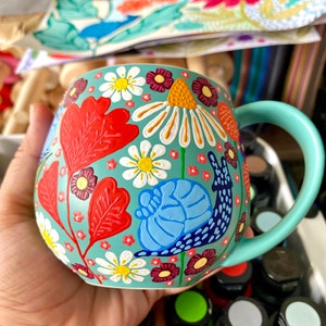 Aqua hand painted mug, coffee mug, hug mug, coffee lover, unique mug, tea lover, coffee mug handmade, tea mug, cup gift, bright mug, snail