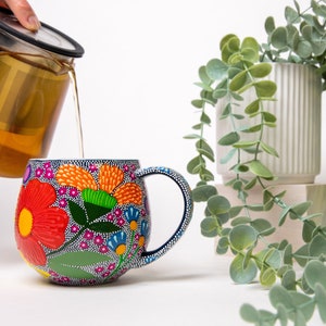 Dot hand painted mug, coffee mug, hug mug, coffee lover, unique mug, tea lover, coffee mug handmade, tea mug, cup gift, bright mug, flowers