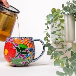 Dot hand painted mug, coffee mug, hug mug, coffee lover, unique mug, tea lover, coffee mug handmade, tea mug, cup gift, bright mug, flowers