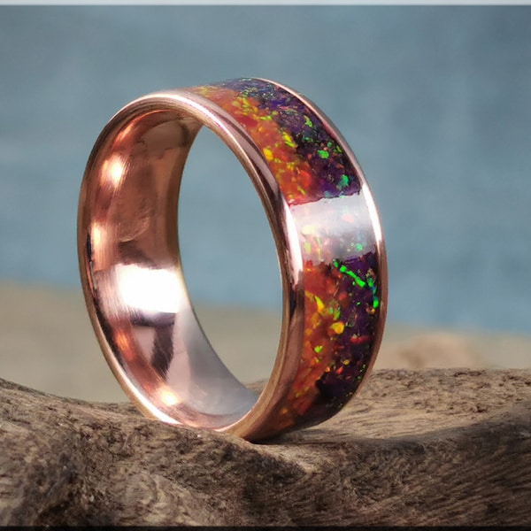 Copper Sunset 8mm Channel Ring w/Blended Opal inlay - copper ring