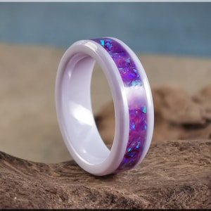 Lavender Ceramic Ring with Opal Inlay, Artisan Band, 6mm