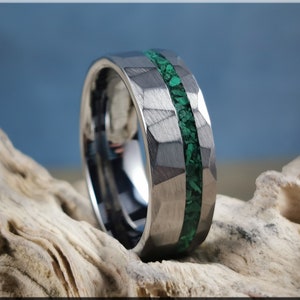 Hammered Tungsten Carbide Channel Ring w/offset Green Malachite stone inlay - metal ring