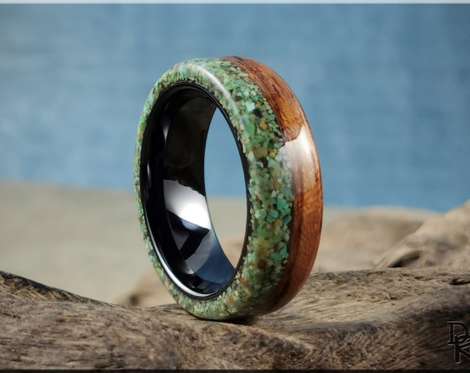 Bentwood Ring - Quartersawn Etimoe w/Live Edge Green Turquoise inlay, on Polished Black Ceramic inner core - wood ring