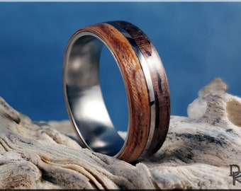 Dual Bentwood Ring - Curly Black Walnut and Figured Etimoe, on 7mm titanium T-Core - wood ring