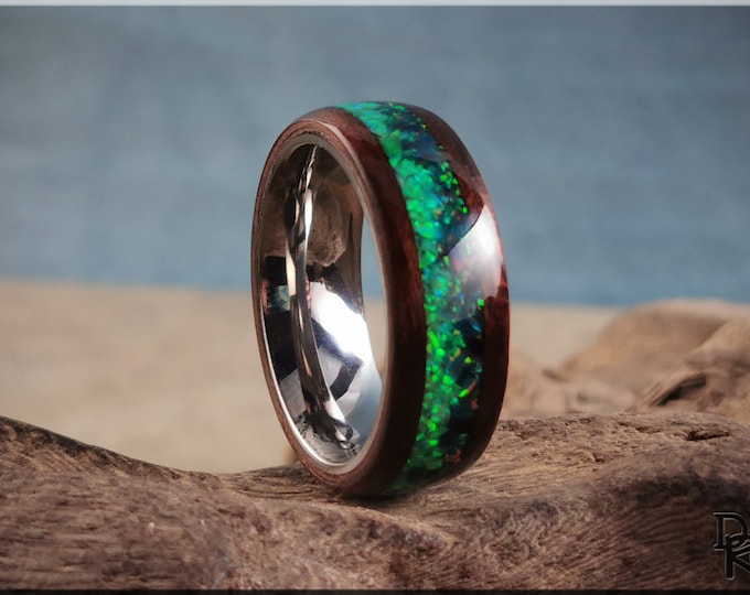 Bentwood Ring 'Aurora Borealis' - Smoked Etimoe w/Dual Opal inlay, on polished titanium ring core - wood ring