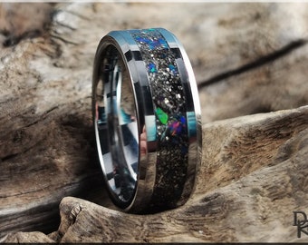 Tungsten Carbide Channel Ring w/Meteorite and Opal inlay - metal ring