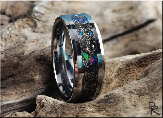 Tungsten Carbide Channel Ring W/meteorite and Opal Inlay Metal