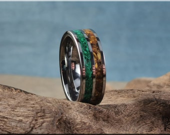 Tungsten Carbide 8mm Dual-Channel Ring with Malachite and Tiger's Eye Stone inlays - metal ring