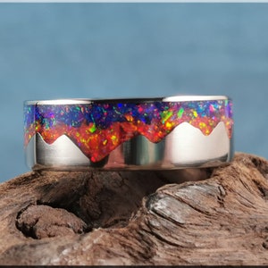 Titanium 'Sunset Mountain' Ring w/Multi-opal inlay - metal ring