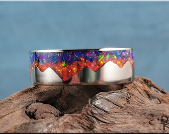 Titanium 'Sunset Mountain' Ring w/Multi-opal inlay - metal ring