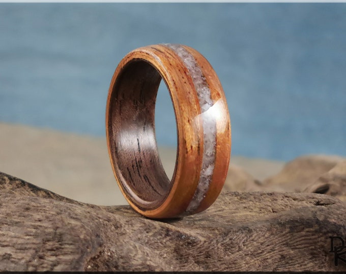 Dual Bentwood Ring - Spanish Cedar w/Moonstone inlay, on Black Walnut ring core - wood ring