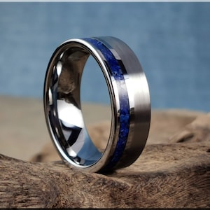 Tungsten Carbide Channel Ring w/offset Lapis Lazuli stone inlay - metal ring