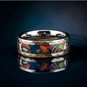 Hammered Tungsten Carbide Ring with Fordite (Chrysler) inlay