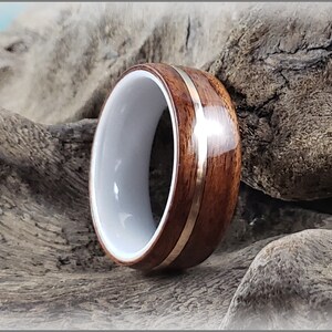 Bentwood Ring - Santos Rosewood w/offset Bronze wire inlay on polished white ceramic ring core - wood ring