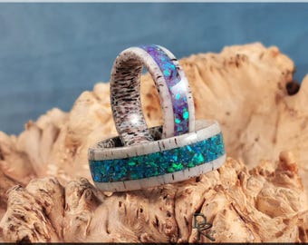 Men's & Women's Wedding Band - Stainless Steel With Genuine Koa Wood, Deer Antler & Turquoise Inlay (7mm Width)