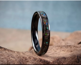 Black Ceramic Channel Ring w/Seymchan Meteorite, Opal, and orange glow inlay - ceramic ring