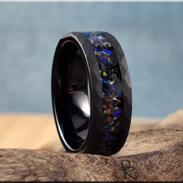 Sandblasted Hammered Black Tungsten Carbide Channel Ring w/Opal and Meteorite inlay - tungsten ring