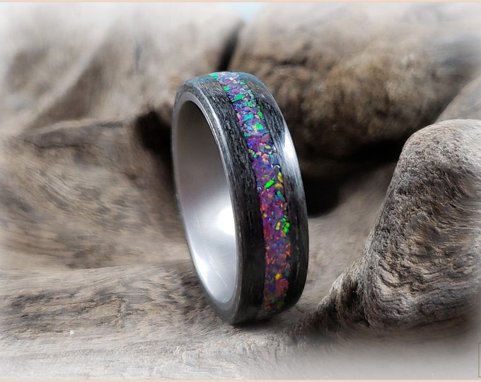Bentwood Ring - Graphite Grey Maple w/Royal Lavender Opal inlay, on titanium ring core - wood ring