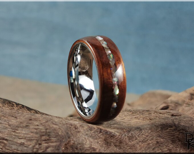 Bentwood Ring - Fumed Aspen w/Abalone Shell inlay on premium Cobalt Chromium ring core - wood ring