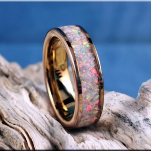 Rose Gold Plated Tungsten Carbide 6mm Channel Ring w/Sun and Ice opal inlay - metal ring