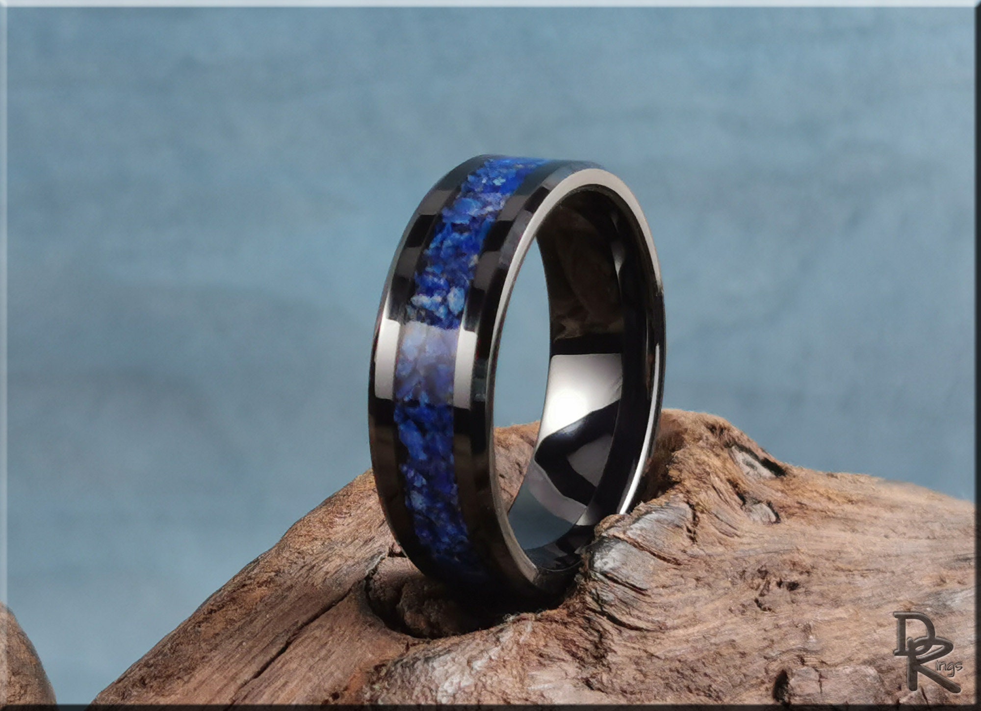 Polished Lazuli Black Ring Stone W/lapis Channel Etsy - Ceramic Ceramic Ring Inlay