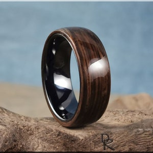 Bentwood Ring - Ancient Bog Oak on Polished Black Ceramic inner ring core - wood ring