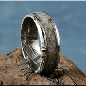 Damascus Steel Ring w/White and Gold TruStone inlay - metal ring